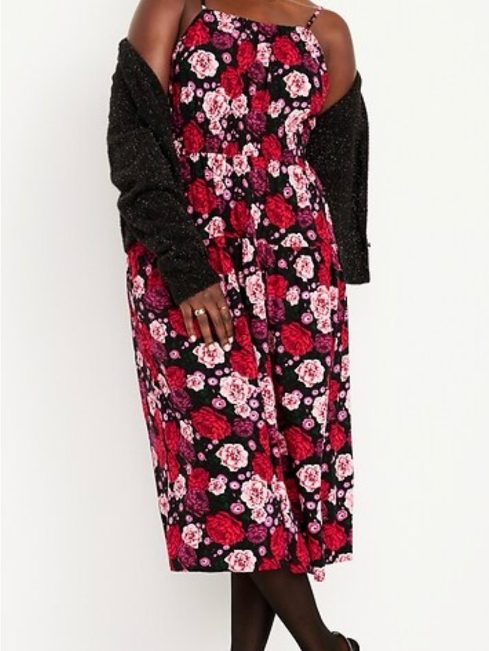 Old Navy‎ Waist Defined Cami Midi Dress Red Black & Pink Floral Size Medium
